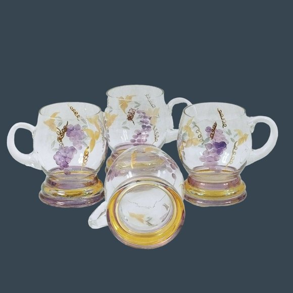 Glass Mugs Set With Etched and Handpainted Grape Leaf Motif Set of 4 - Picture 3 of 5